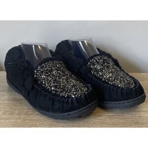 BEAR PAW ‘Tiffany Sparkle Suede Slipper" Black Chunky Sparkle Lined NEW Size 9
